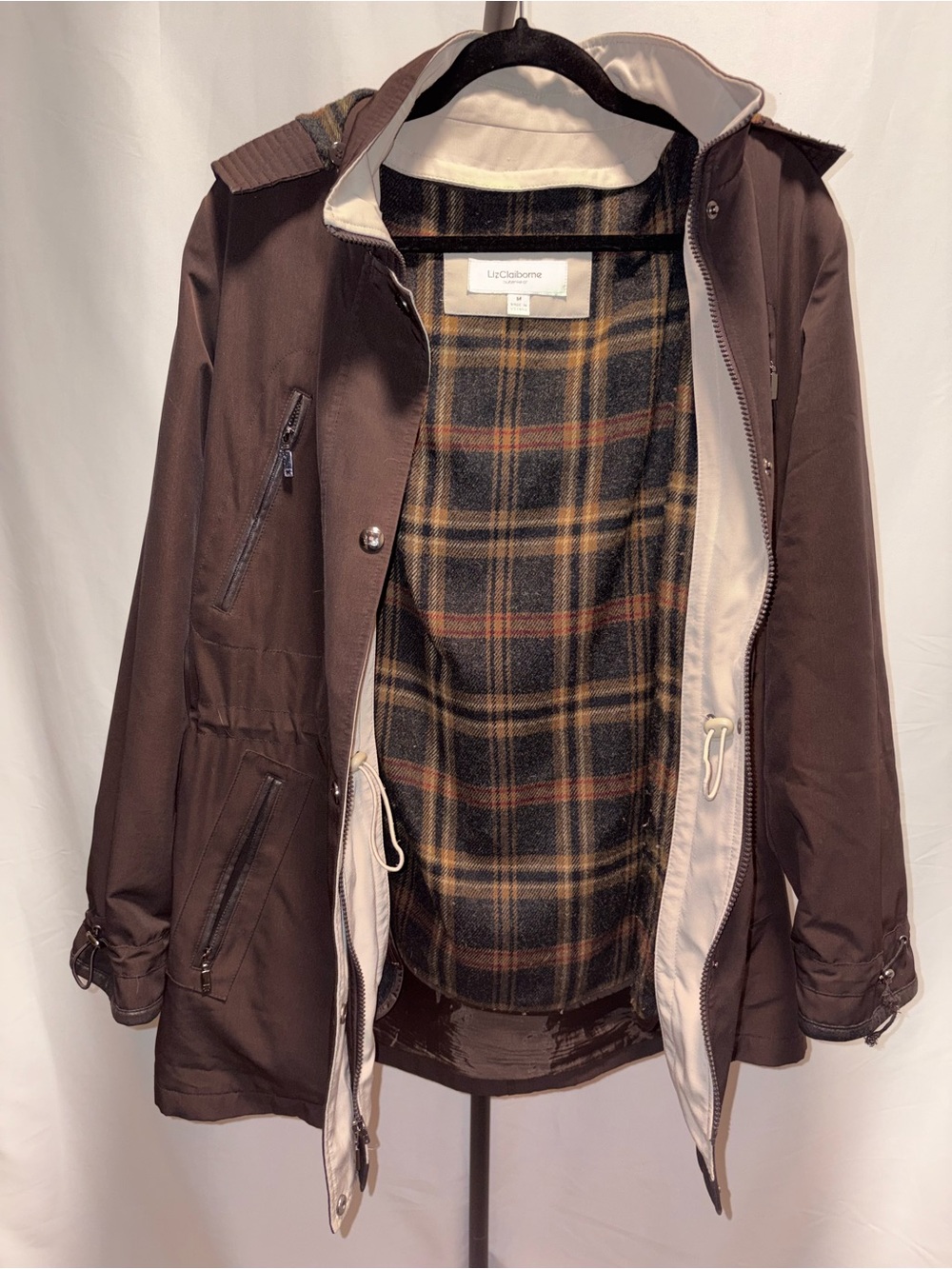 Liz Claiborne Brown Women’s Hooded Coat with Plaid Lining